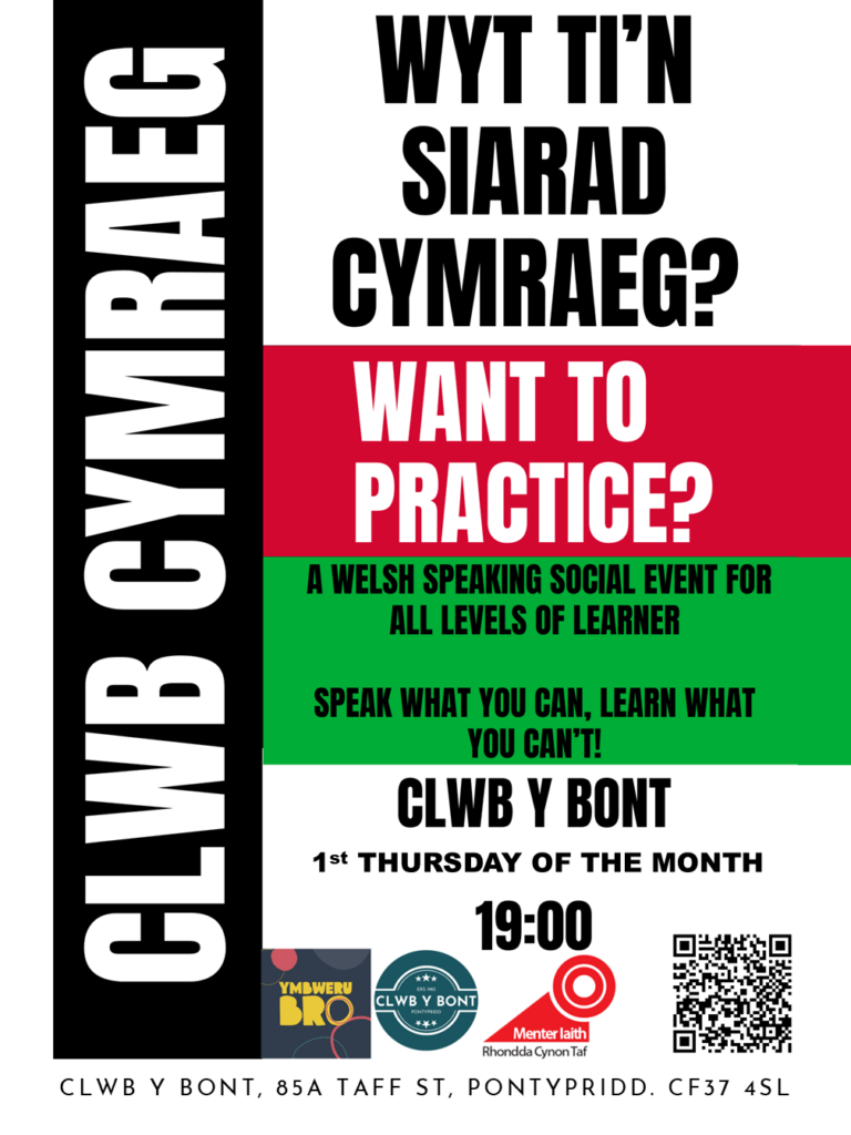 Clwb Cymraeg - Nos Iau cyntaf y mis / First Thur of the month - Help i siarad Cymraeg. A Welsh speaking social event for all levels for learners with fun topics and useful phrases from small talk, introductions, TV, holidays, and more!