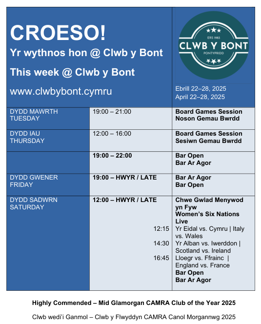 Wythnos hon yn Clwb | This week in Clwb: 22 – 26 o Ebrill 2025