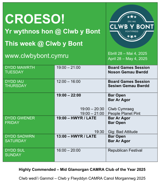 Wythnos hon yn Clwb | This week in Clwb: 28 o Ebrill - 4 o Fai 2025
