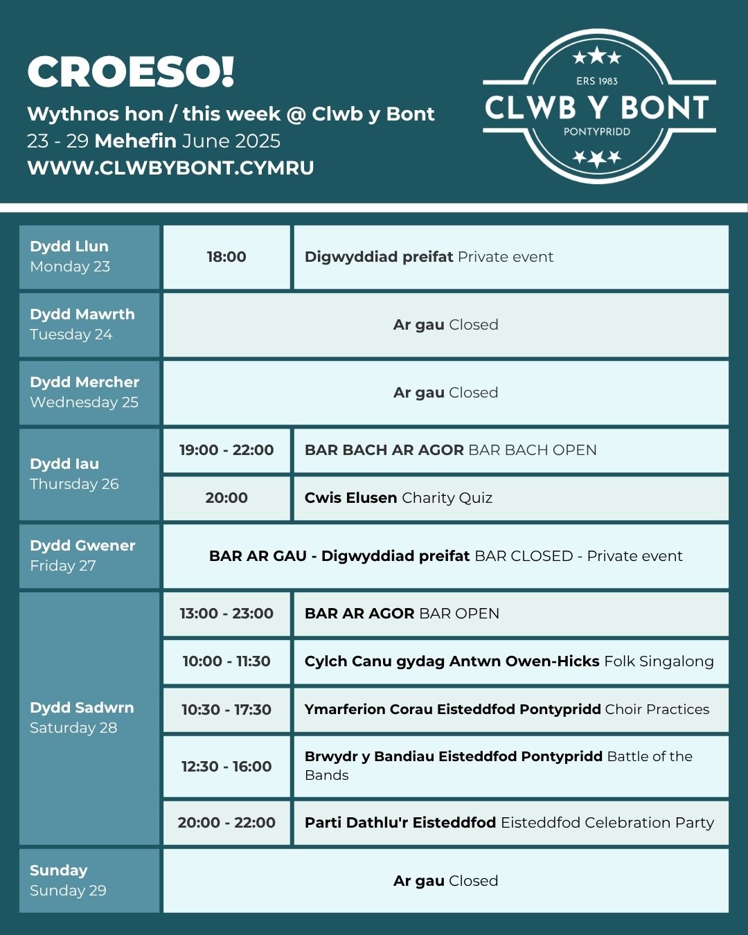 Wythnos hon yn Clwb | This week in Clwb: 23- 29 o Fehefin 2025 | 23 - 29 Jun 2025