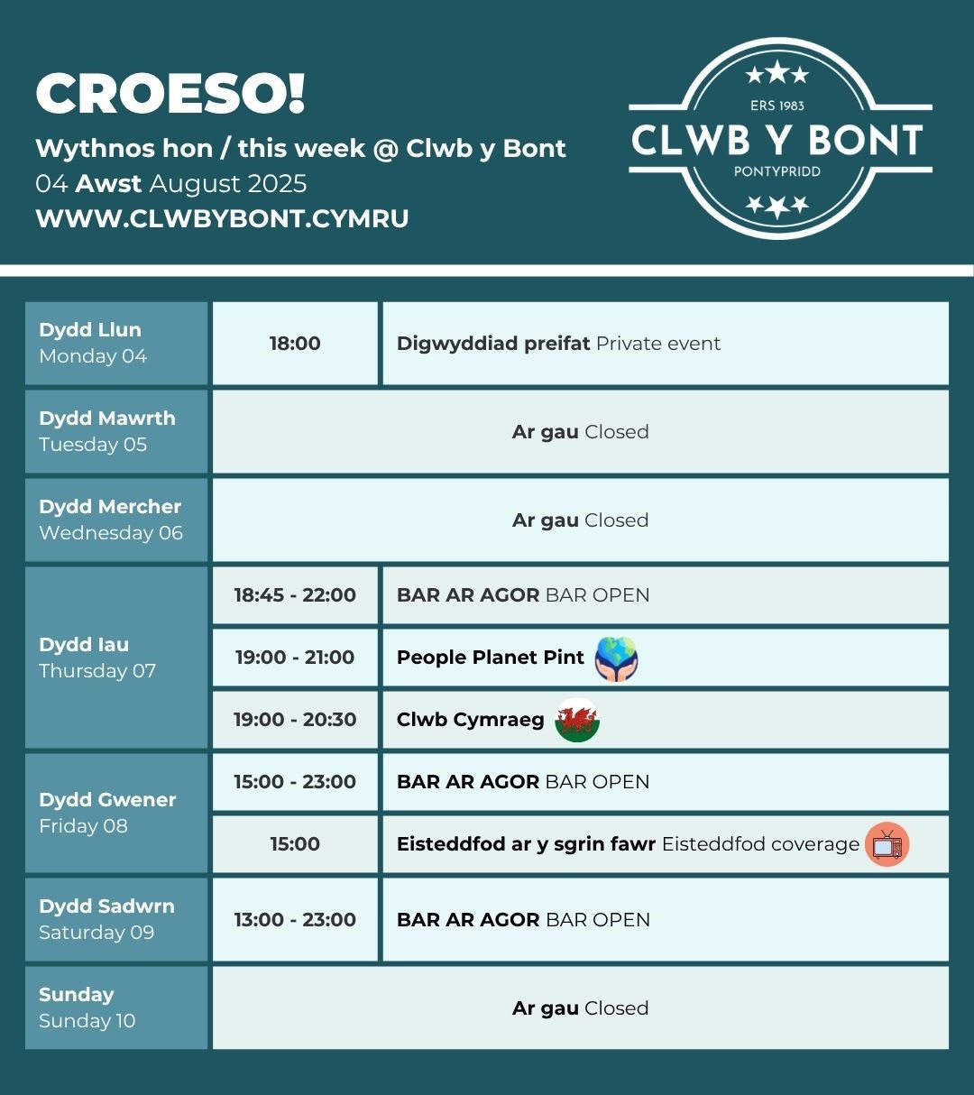This week @ Clwb y Bont 04-08-25
